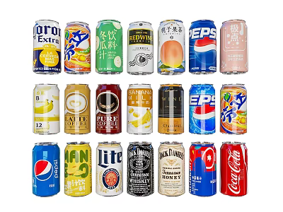 Assorted Beverage Cans Including Soft Drinks Beer Juice And Cola Varieties 3d model