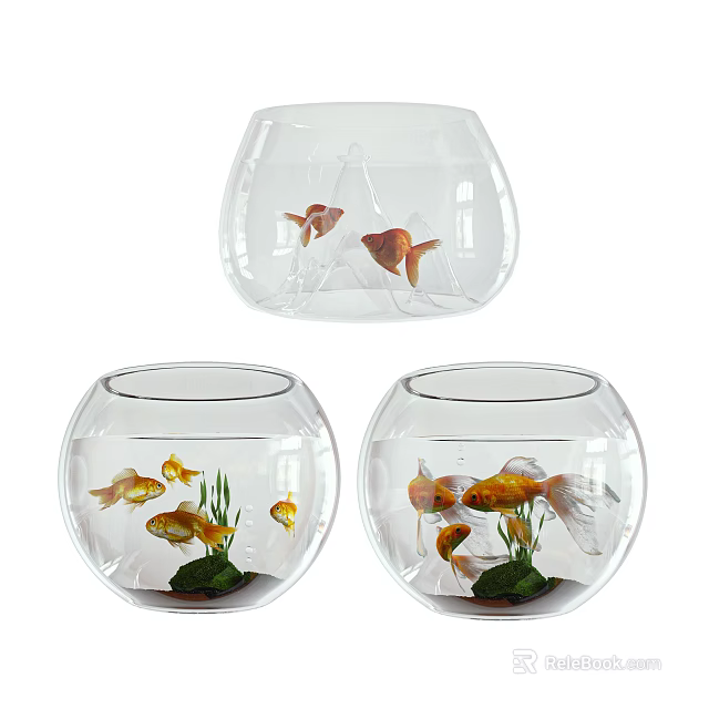 Clear Round Fish Tank Aquarium With Goldfish And Green Aquatic Plants 3d model 