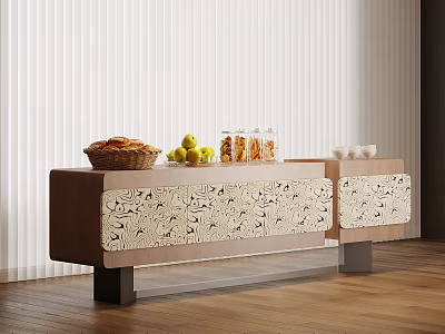 Wooden Sideboard With Intricate Carved Patterns Bread Basket Apples Glass Jars And Cups 3d model