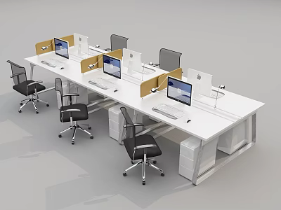 White Office Desk With Partition Screens Computers And Black Office Chairs 3d model