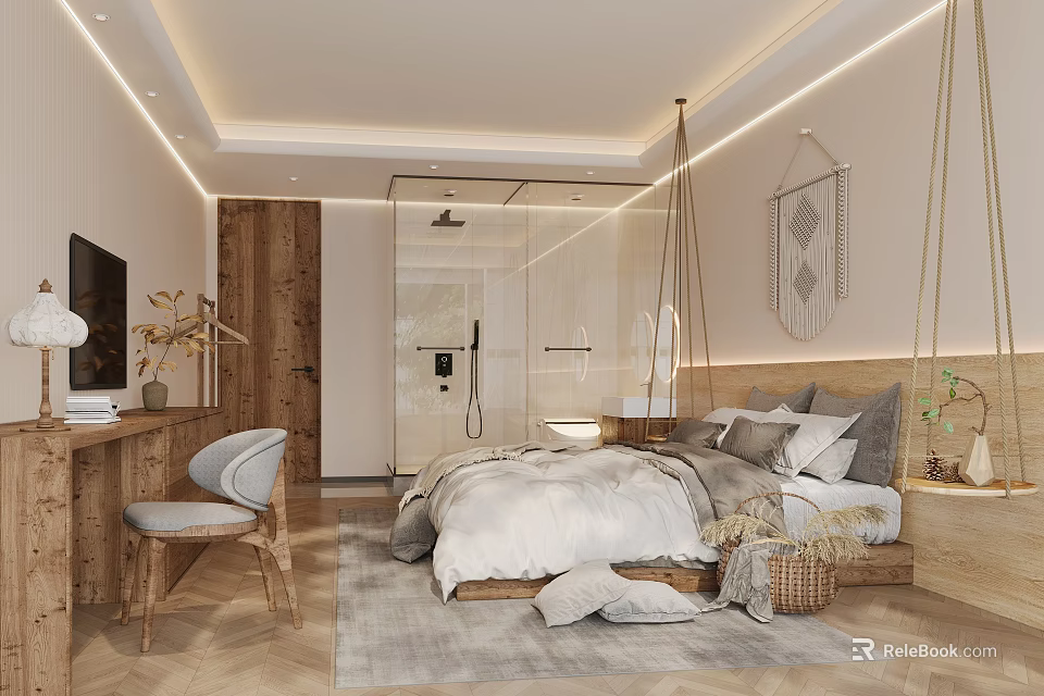 Modern Hotel Room Interior With Cozy Bed Wooden Furniture Glass Shower And Soft Lighting 3d model 