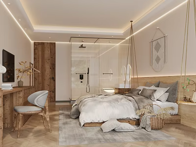 Modern Hotel Room Interior With Cozy Bed Wooden Furniture Glass Shower And Soft Lighting 3d model