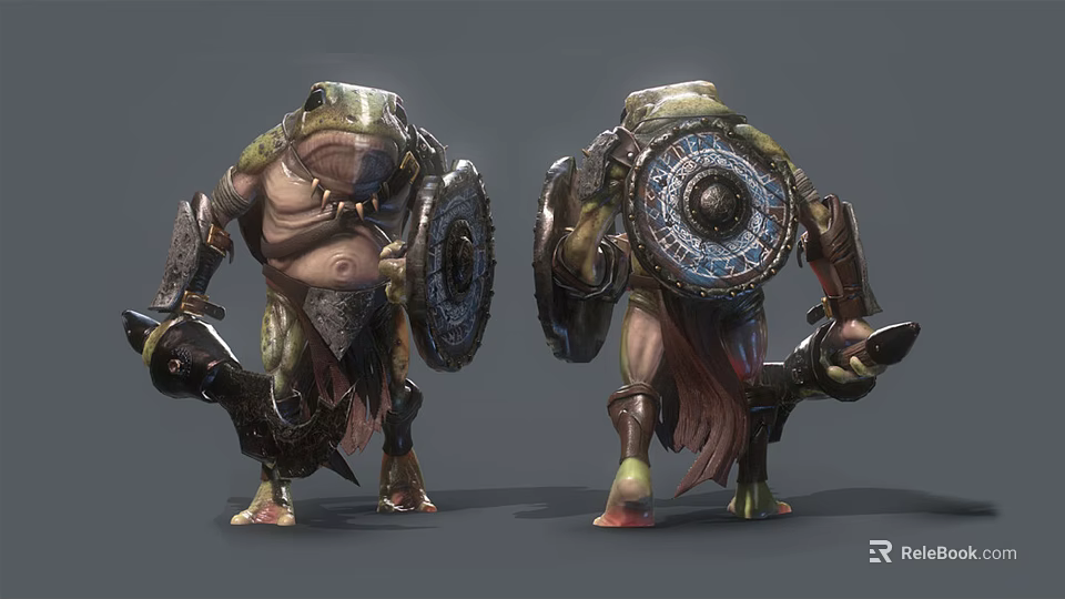 Frog Like Game Movie Character With Muscular Build Armor Decorated Shield Weapon Front Back Views 3d model 