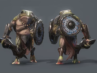 Frog Like Game Movie Character With Muscular Build Armor Decorated Shield Weapon Front Back Views 3d model