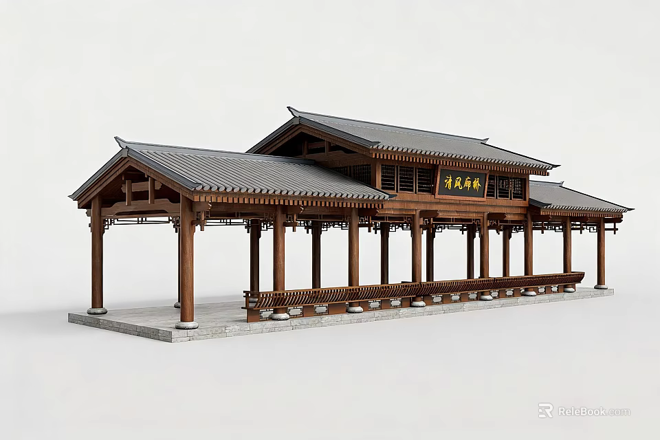 Elegant Traditional Chinese Wooden Pergola With Tile Roof Columns And Benches 3d model 
