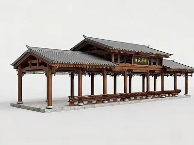 Elegant Traditional Chinese Wooden Pergola With Tile Roof Columns And Benches 3d model