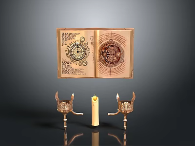 Ancient Open Book With Intricate Patterns Ornate Brass Candlesticks And Lit Candle 3d model