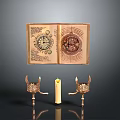 Ancient Open Book With Intricate Patterns Ornate Brass Candlesticks And Lit Candle