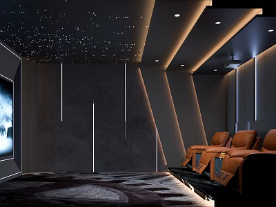 Home Theater Room With Starry Ceiling Linear Lights Dark Walls And Brown Leather Recliner Seats 3d model