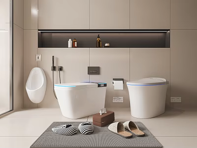 Modern Bathroom With Two Toilets Wall Mounted Shelf Toiletries Slippers And Mat 3d model