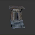 Ancient Wooden Architectural Structure With Steps Arched Door And Sloped Roof