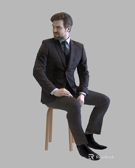 A Man In Dark Suit Sitting On Wooden Stool With Tie And Shirt 3d model 