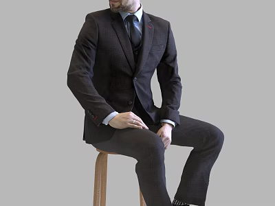 A Man In Dark Suit Sitting On Wooden Stool With Tie And Shirt 3d model