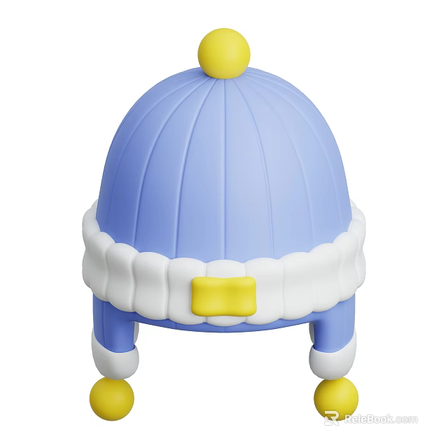 Cute Blue Hat With Yellow Pom-pom White Ruffled Trim And Square Buckle At Bottom 3d model 