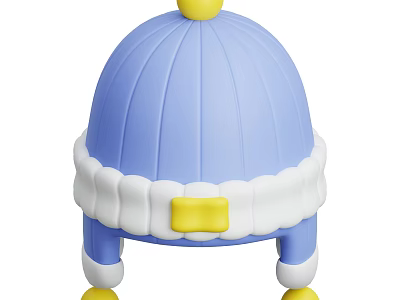 Cute Blue Hat With Yellow Pom-pom White Ruffled Trim And Square Buckle At Bottom 3d model