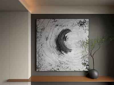 Abstract Painting With Monochrome Circular Spiral Pattern On Minimalist Wall Green Plant Wooden Shelf Vase 3d model