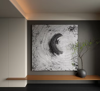 Abstract Painting With Monochrome Circular Spiral Pattern On Minimalist Wall Green Plant Wooden Shelf Vase 3d model