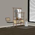 Wooden Clothes Rack with Hanging Garments Storage Baskets and Woven Chair near Window in Room