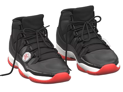 Black High Top Shoes With Red And White Soles And Black Laces Logo Design 3d model