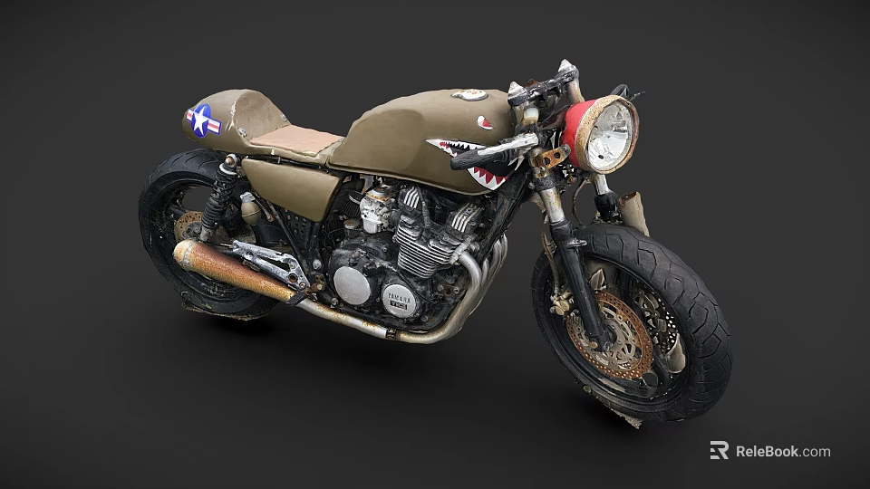 Olive Green Vintage Motorcycle With Shark Mouth Design Classic Seat Engine And Tires 3d model 