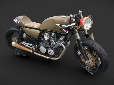 Olive Green Vintage Motorcycle With Shark Mouth Design Classic Seat Engine And Tires 3d model