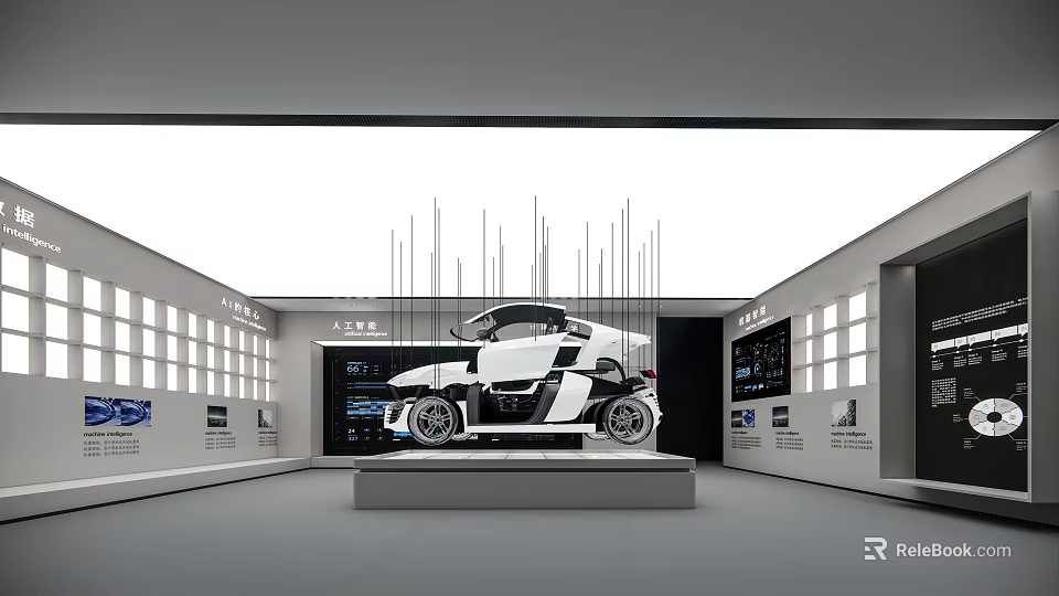 Modern Exhibition Hall Featuring White Car On Display Platform With Digital Screens And Windows 3d model 