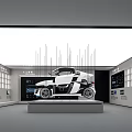 Modern Exhibition Hall Featuring White Car On Display Platform With Digital Screens And Windows