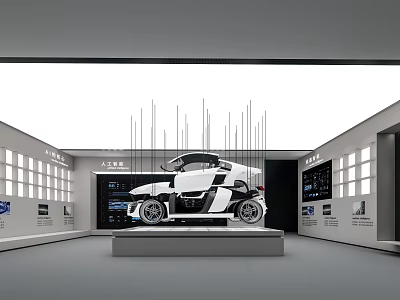 Modern Exhibition Hall Featuring White Car On Display Platform With Digital Screens And Windows 3d model
