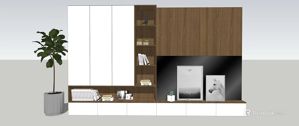 Modern Wooden TV Cabinet With Open Shelves Decorative Frames And Potted Plant 3d model 