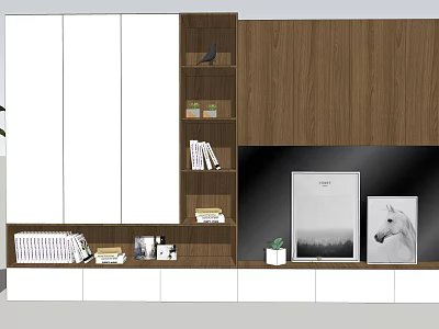 Modern Wooden TV Cabinet With Open Shelves Decorative Frames And Potted Plant 3d model
