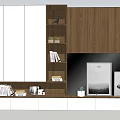 Modern Wooden TV Cabinet With Open Shelves Decorative Frames And Potted Plant