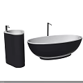 Modern Sleek Bathtub Design With Oval Shape And Black Pedestal Sinks Setup