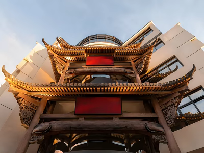 Exquisite Traditional Chinese Wooden Carved Paifang Eave Architectural Component With Surrounding Modern Building Facade 3d model