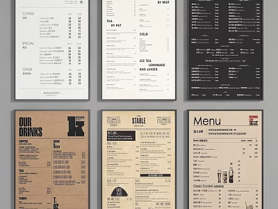 Various Restaurant Menu Designs With Different Styles Layouts And Typography 3d model