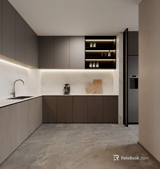 Modern Open Kitchen Interior With Gray Cabinets Marble Countertops And Coffee Machine 3d model 