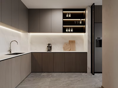 Modern Open Kitchen Interior With Gray Cabinets Marble Countertops And Coffee Machine 3d model