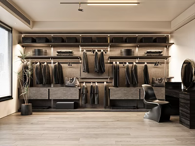 Modern Walk in Closet Interior Design With Hanging Clothes Multiple Shelves And Dressing Chair 3d model