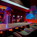 Modern Bar Interior With Neon Lights Sculpture On Red Lit Steps And Ambient Lighting