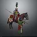Medieval Knight in Decorative Armor Riding Horse with Squire Holding Lance