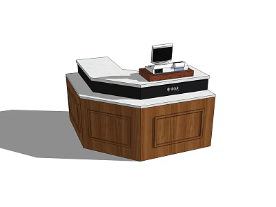 Stylish Wooden Reception Desk With White Countertop Computer And Storage Cabinets 3d model
