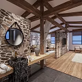 Hotel Guest Room Interior With Wooden Beams Stone Walls Natural Light And Cozy Furniture
