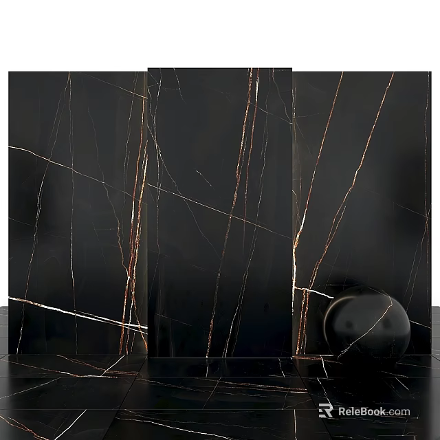 Black Marble Slab With Golden Veins And Black Spherical Decor 3d model 