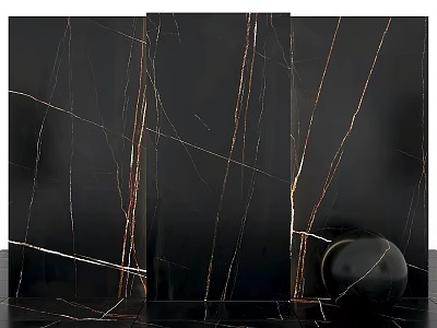 Black Marble Slab With Golden Veins And Black Spherical Decor 3d model