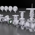 Industrial Valves And Pressure Gauges Display On Reflective Metallic Surface