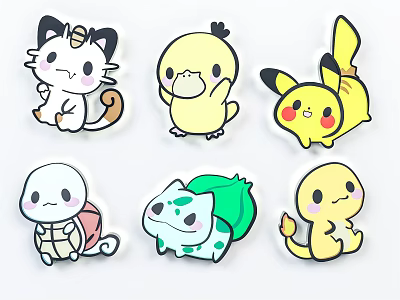 Cute Cartoon Animal Stickers Collection Featuring Cat Chick Turtle And Yellow Characters 3d model