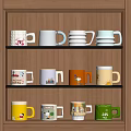 Colorful Ceramic Mugs Neatly Arranged on Wooden Shelf with Various Patterns