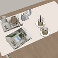 Stacked Modern Magazines With Coffee Mugs Saucers And Geometric Decor By Window Blinds