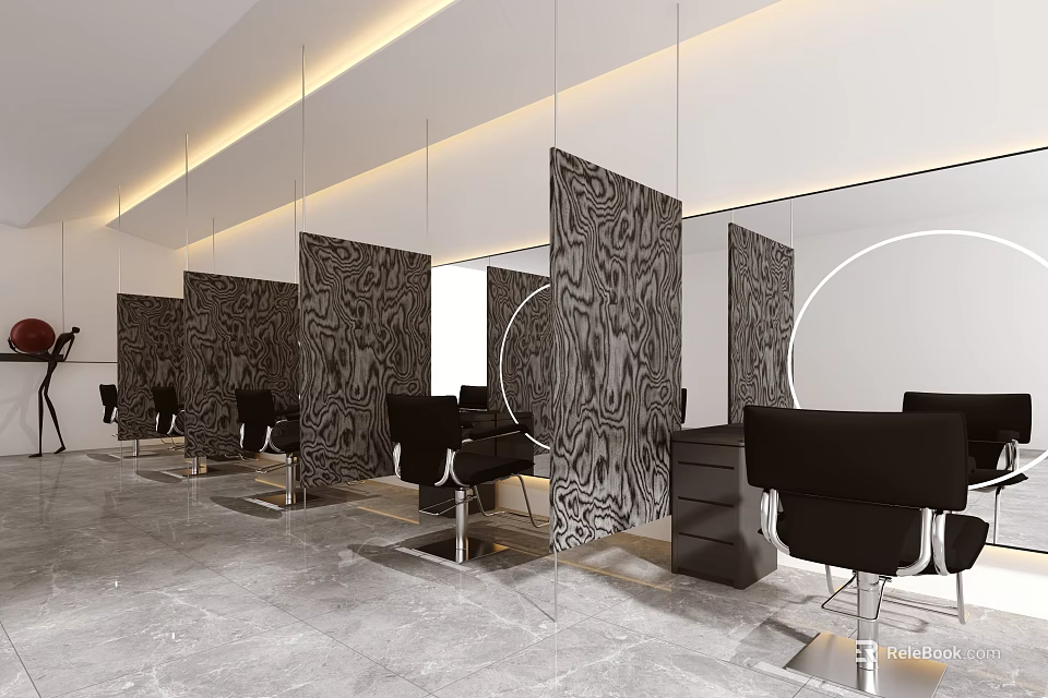 Modern Hair Salon Interior Design With Black Styling Chairs Patterned Partition Screens And Mirrors 3d model 