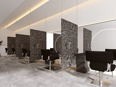 Modern Hair Salon Interior Design With Black Styling Chairs Patterned Partition Screens And Mirrors 3d model