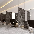 Modern Hair Salon Interior Design With Black Styling Chairs Patterned Partition Screens And Mirrors